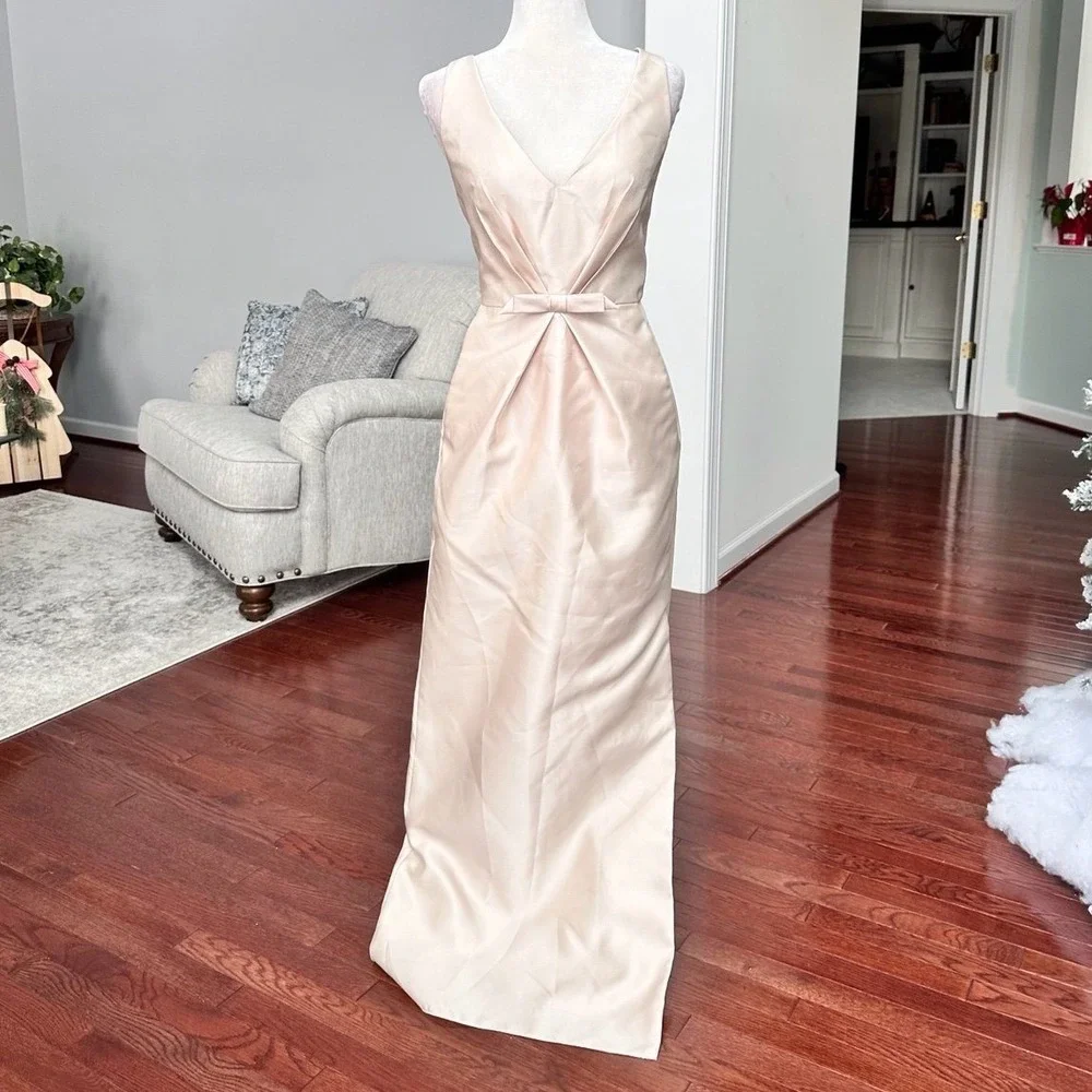 Alfred Sung Beige Champagne Satin Plunge Gown Dress with Pockets Size 8 - Picture 9 of 11